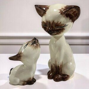 Vintage Collectible Siamese Cat Ceramic Figurines, Signed MCM Cream Brown
